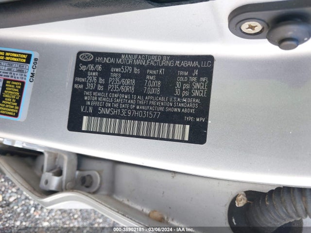 2007 HYUNDAI SANTA FE LIMITED/SE VIN: 5NMSH13E97H031577