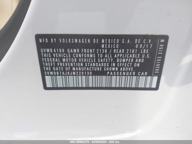 3VWDB7AJ6JM229130 Volkswagen Jetta 1.4t Se/1.4t Wolfsburg Edition