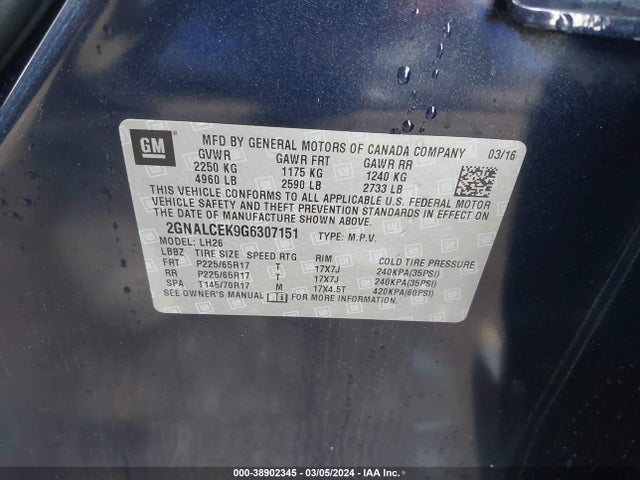 Продажа на аукционе авто 2016 Chevrolet Equinox Lt, vin: 2GNALCEK9G6307151, номер лота: 38902345