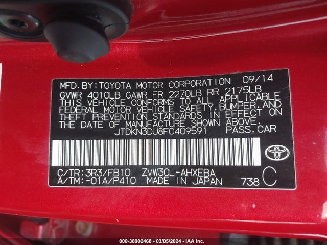 Toyota Prius Two 2015 JTDKN3DU8F0409591 Image 9