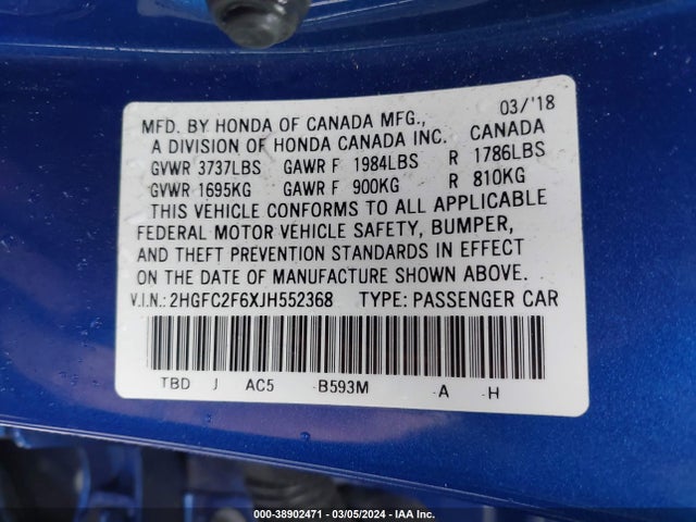 Honda Civic Lx 2018 2HGFC2F6XJH552368 Image 9