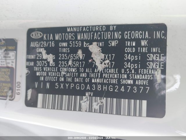 5XYPGDA38HG247377 KIA Sorento 2.4l Lx