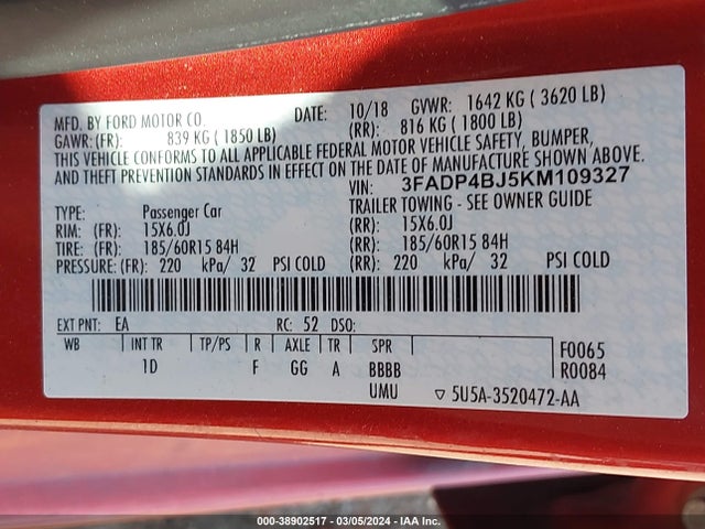 Ford FIESTA SE 2019 3FADP4BJ5KM109327 Image 9