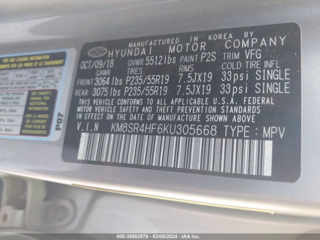 KM8SR4HF6KU305668 Hyundai Santa Fe Xl Limited Ultimate