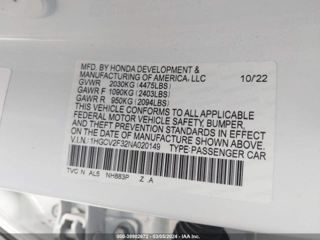 1HGCV2F32NA020149 Honda Accord Sport 2.0t