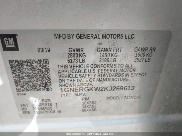 1GNERGKW2KJ269613 Chevrolet Traverse 1lt