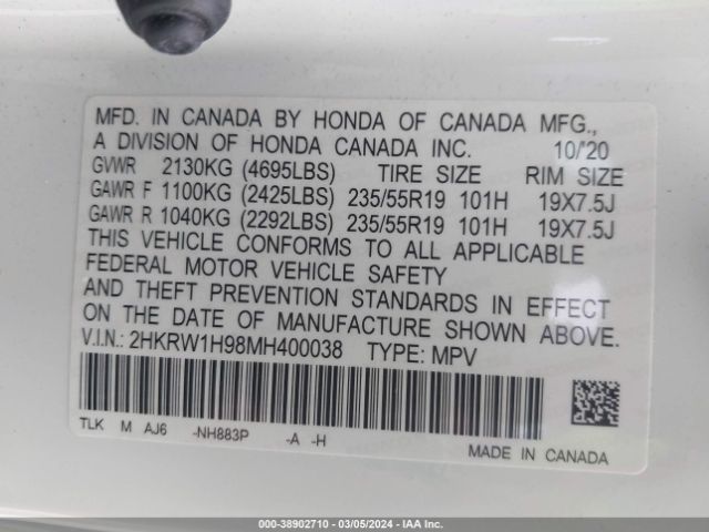 2HKRW1H98MH400038 Honda Cr-v 2wd Touring