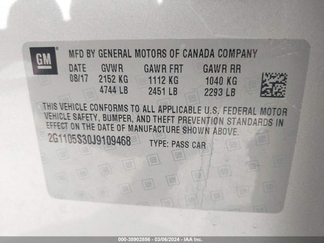 Chevrolet IMPALA 1LT 2018 2G1105S30J9109468 Image 9