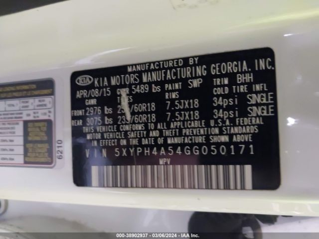 5XYPH4A54GG050171 KIA SORENTO EX