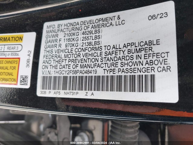 2023 HONDA ACCORD HYBRID SPORT VIN: 1HGCY2F58PA048419