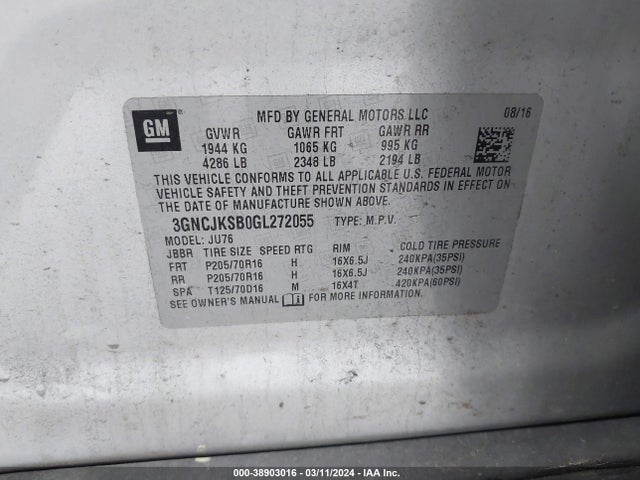 Chevrolet Trax 1ls 2016 3GNCJKSB0GL272055 Image 9