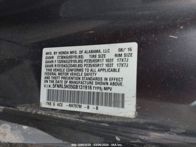 5FNRL5H35GB131916 Honda ODYSSEY SE