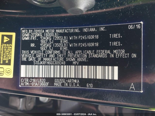 Toyota Highlander Xle V6 2016 5TDJKRFH6GS309348 Image 9