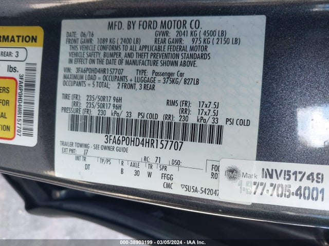 Ford FUSION SE 2017 3FA6P0HD4HR157707 Image 9