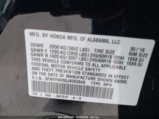 5FNYF6H55JB053848 Honda Pilot Ex-l