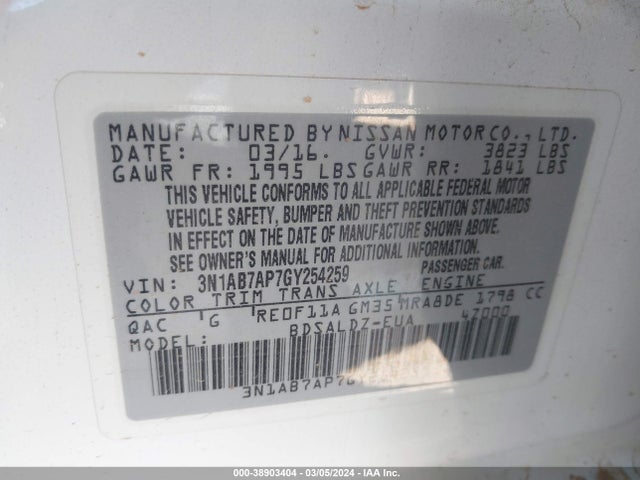 Nissan SENTRA SV 2016 3N1AB7AP7GY254259 Image 9