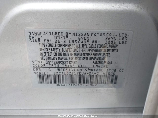 Nissan SENTRA SV 2019 3N1AB7AP2KY412967 Image 9