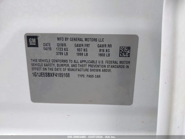 Chevrolet Sonic Ltz Auto 2015 1G1JE5SBXF4189168 Image 9