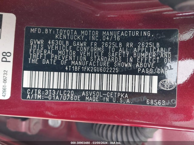 Toyota CAMRY XSE 2016 4T1BF1FK2GU602225 Image 9