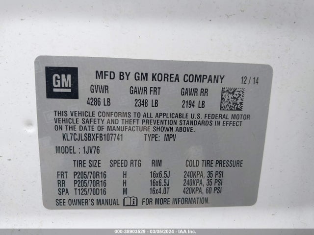 Chevrolet Trax Lt 2015 KL7CJLSBXFB107741 Image 9