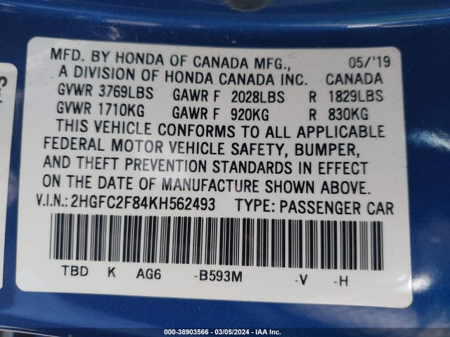 Honda Civic Sport 2019 2HGFC2F84KH562493 Image 9
