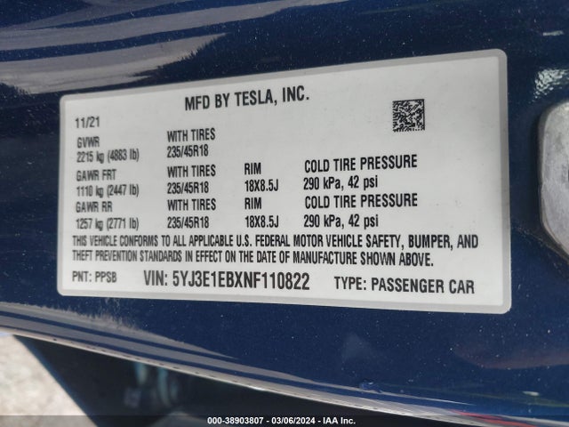 Tesla Model 3 Long Range Dual Motor All-wheel Drive 2022 5YJ3E1EBXNF110822 Image 9