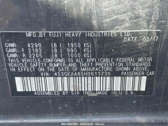 2017 Subaru Impreza 2.0i მანქანა იყიდება აუქციონზე, vin: 4S3GKAA65H3613730, აუქციონის ნომერი: 38903904