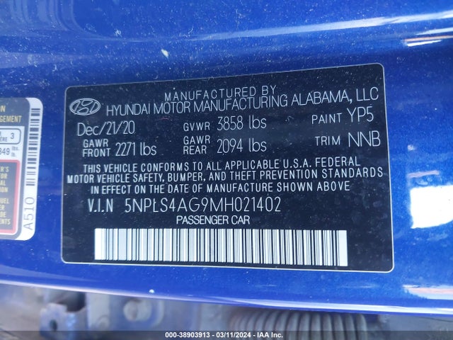2021 Hyundai Elantra Sel მანქანა იყიდება აუქციონზე, vin: 5NPLS4AG9MH021402, აუქციონის ნომერი: 38903913