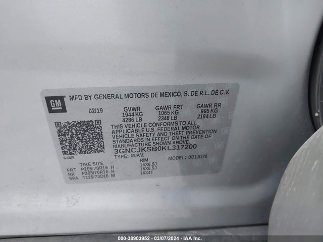 Chevrolet TRAX LS 2019 3GNCJKSB0KL317200 Image 9