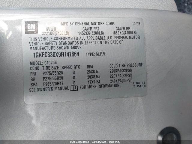 Продажа на аукционе авто 2009 Gmc Yukon Slt1, vin: 1GKFC330X9R147664, номер лота: 38903972
