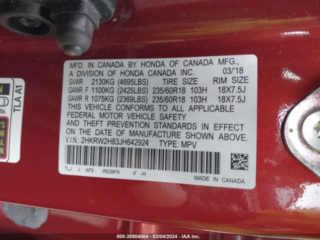 2HKRW2H83JH642924 Honda Cr-v Ex-l/ex-l Navi