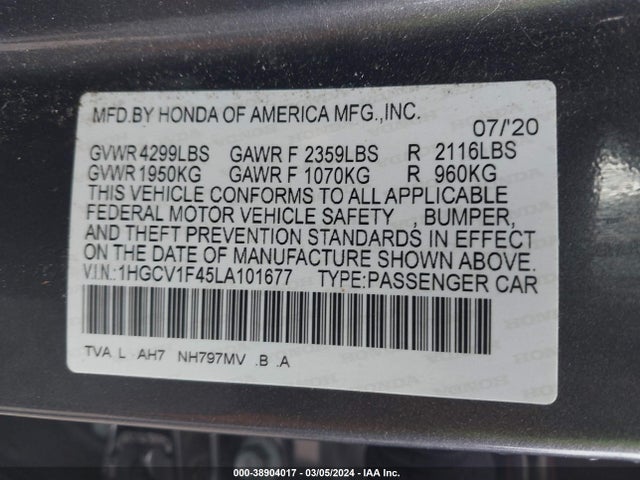 Honda ACCORD EX 2020 1HGCV1F45LA101677 Image 9