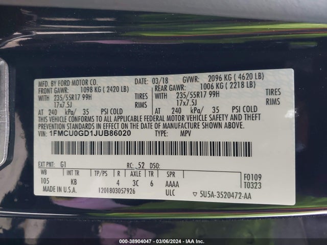 Ford ESCAPE SE 2018 1FMCU0GD1JUB86020 Image 9