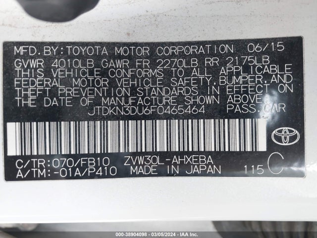 Toyota Prius Two 2015 JTDKN3DU6F0465464 Image 9