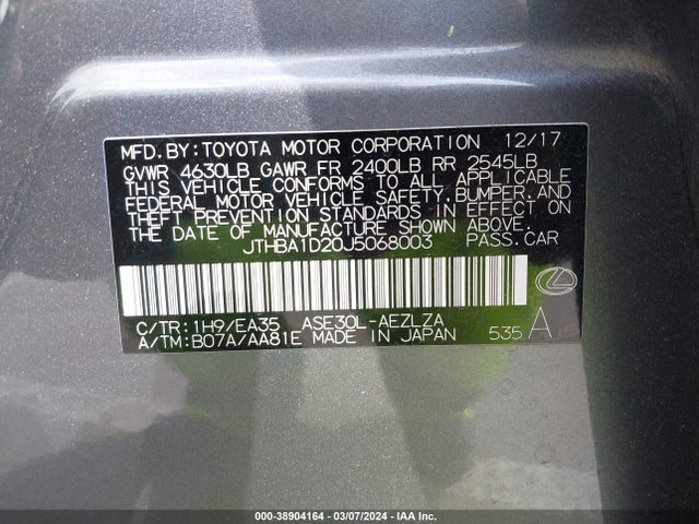 Lexus IS 300 2018 JTHBA1D20J5068003 Image 9