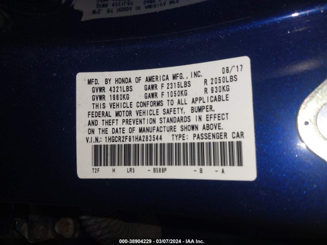 Honda Accord Ex-l 2017 1HGCR2F81HA283544 Image 9