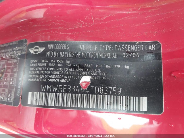2004 MINI COOPER S WMWRE33444TD83759 Photo 8