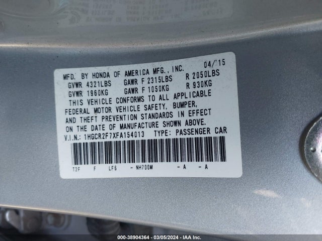 Honda ACCORD EX 2015 1HGCR2F7XFA154013 Image 9