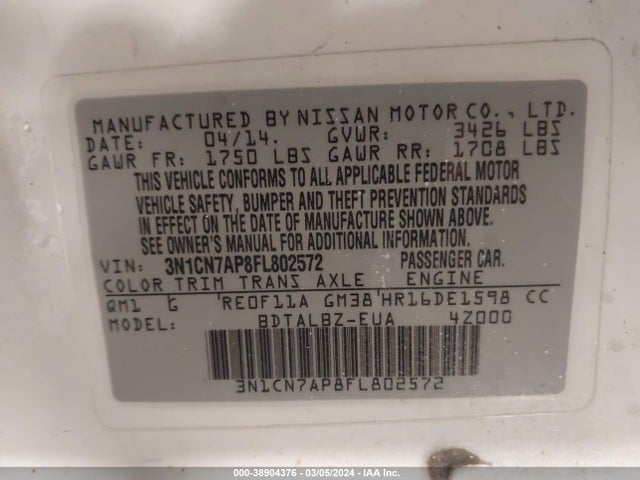 Nissan Versa 1.6 Sv 2015 3N1CN7AP8FL802572 Image 9