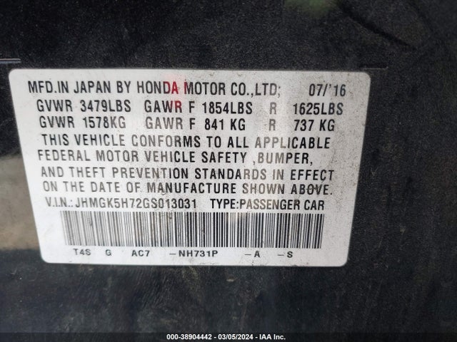 Honda FIT EX 2016 JHMGK5H72GS013031 Image 9