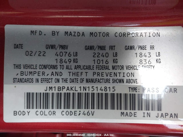 JM1BPAKL1N1514815 Mazda Mazda3 Select