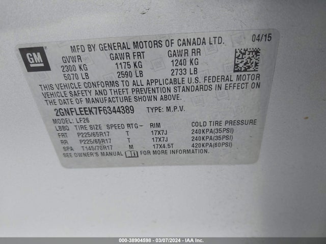 Chevrolet EQUINOX LS 2015 2GNFLEEK7F6344389 Image 9
