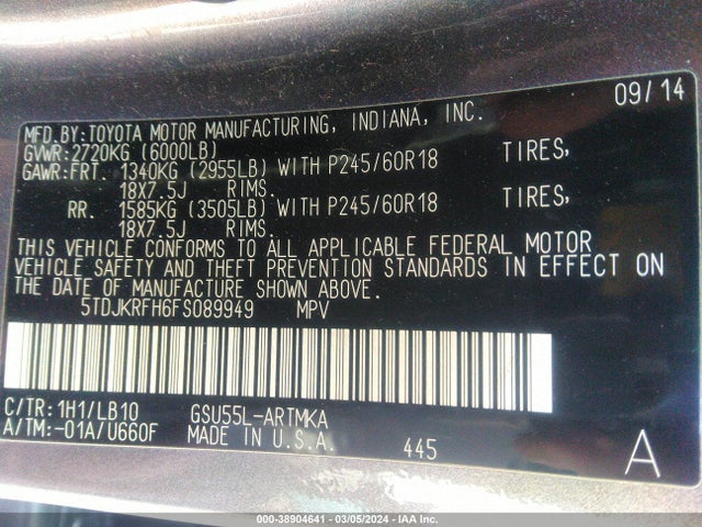 Toyota Highlander Xle V6 2015 5TDJKRFH6FS089949 Image 9