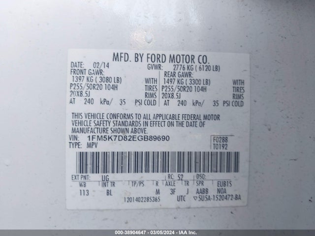 Ford EXPLORER XLT 2014 1FM5K7D82EGB89690 Image 9