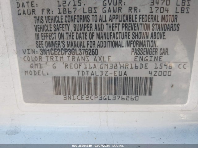 Nissan Versa Note S (sr)/s Plus/sl/sr/sv 2016 3N1CE2CP3GL376260 Image 9