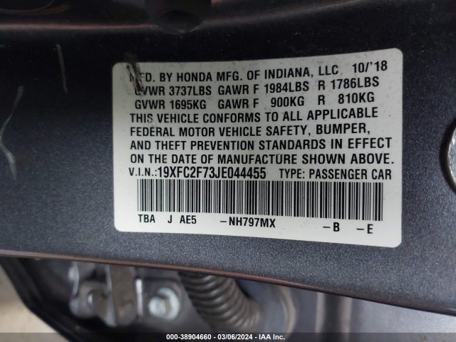 Honda CIVIC EX 2018 19XFC2F73JE044455 Image 9