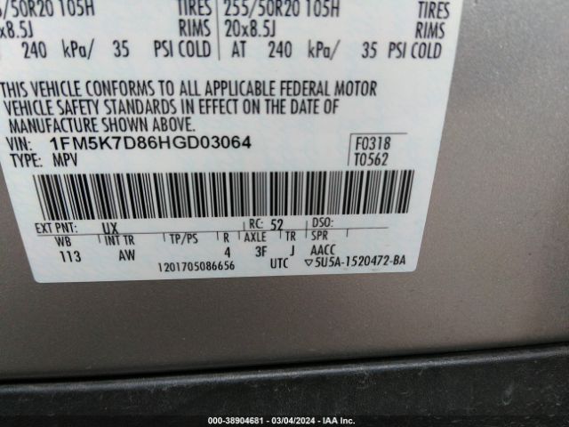 1FM5K7D86HGD03064 Ford EXPLORER XLT