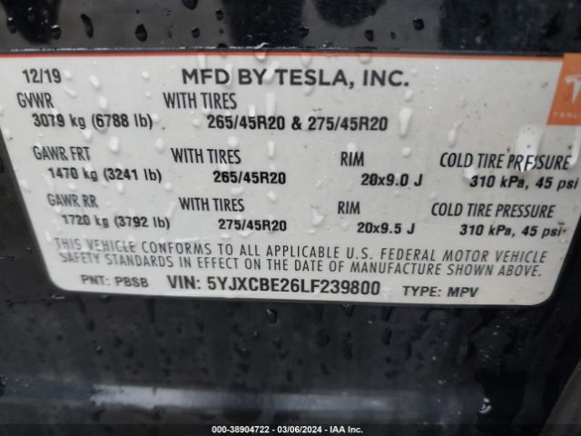 5YJXCBE26LF239800 Tesla Model X Long Range Dual Motor All-wheel Drive/long Range Plus Dual Motor All-wheel Drive