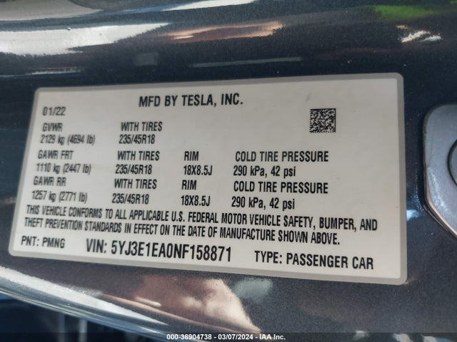 5YJ3E1EA0NF158871 Tesla Model 3 Rear-wheel Drive