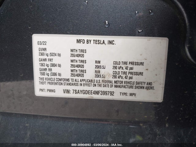 7SAYGDEE4NF399792 Tesla Model Y Long Range Dual Motor All-wheel Drive